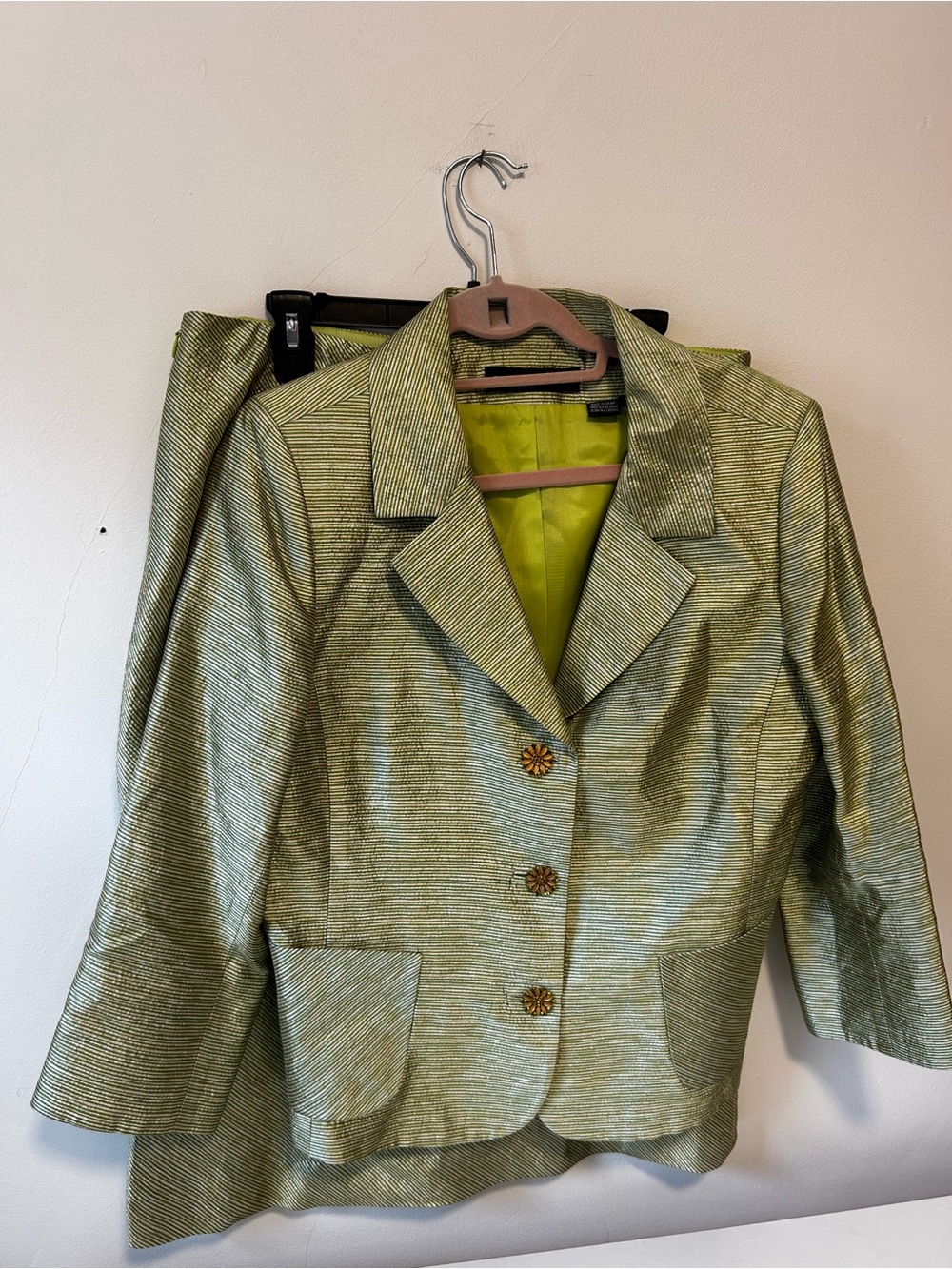Dana Buchman Shimmery Pistachio Green Blazer and Skirt Set with Floral Buttons